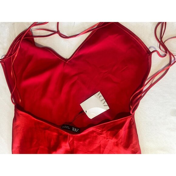 NWT ZARA Scarlet Red Thick Satin Open Back Straps Long Dress Women's Sz L - Picture 14 of 16